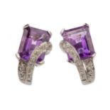 A PAIR OF WHITE GOLD AMETHYST AND DIAMOND EARRINGS