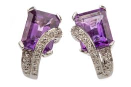 A PAIR OF WHITE GOLD AMETHYST AND DIAMOND EARRINGS