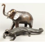 A pair of bronze depicting an aligator and an Indian elepha