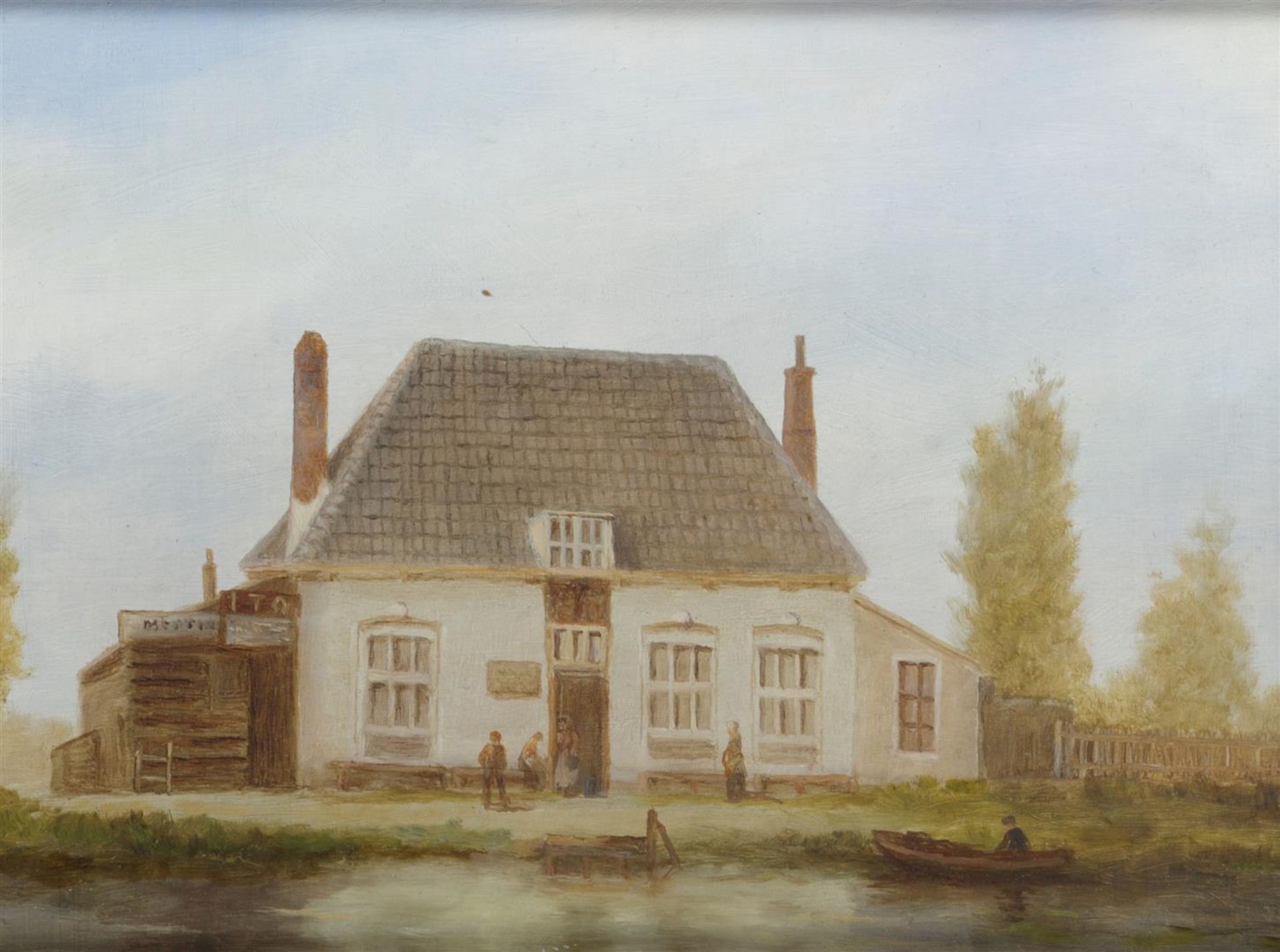 Hollandse School, 20e eeuw.
A toll house on the water, sign