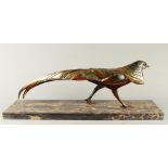 A bronze cold-painted golden pheasant on marble base. 1st h