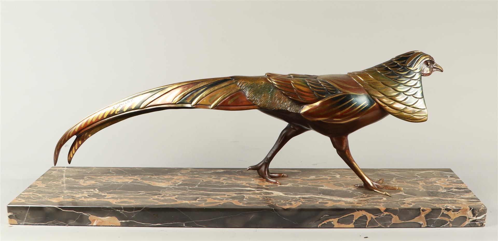 A bronze cold-painted golden pheasant on marble base. 1st h