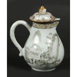 A porcelain Encre de Chine milk jug with lid with landscape