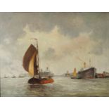 20e eeuw. Hollandse School View of the harbor, indistinctl