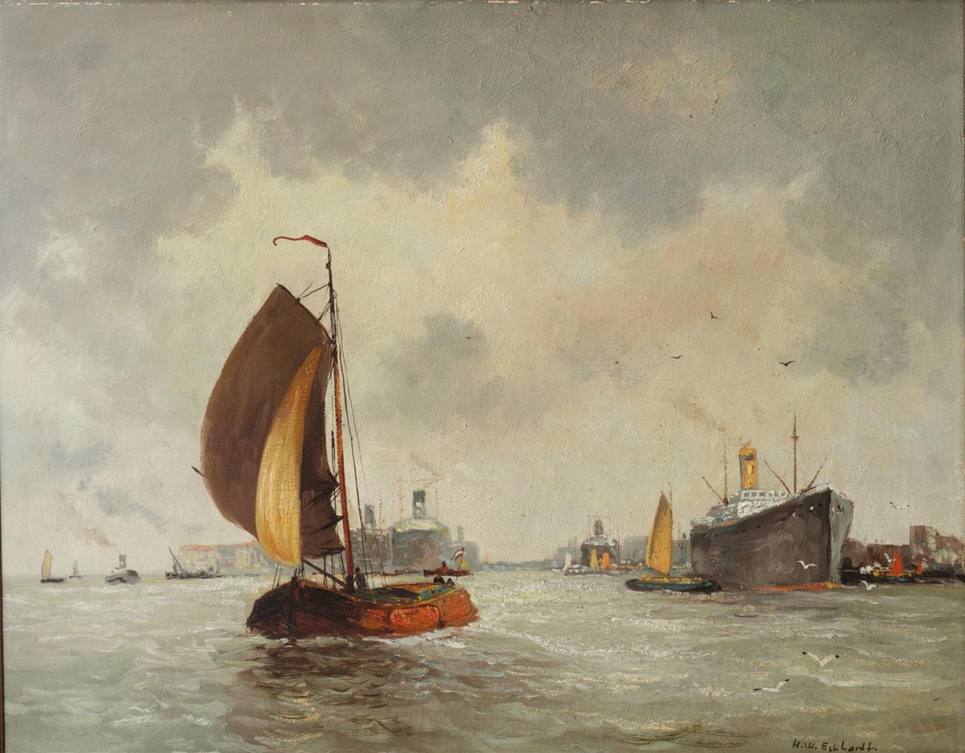 20e eeuw.  Hollandse School
View of the harbor, indistinctl