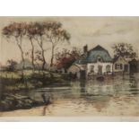 20e eeuw. Hollandse School A watermill on a canal, indisti