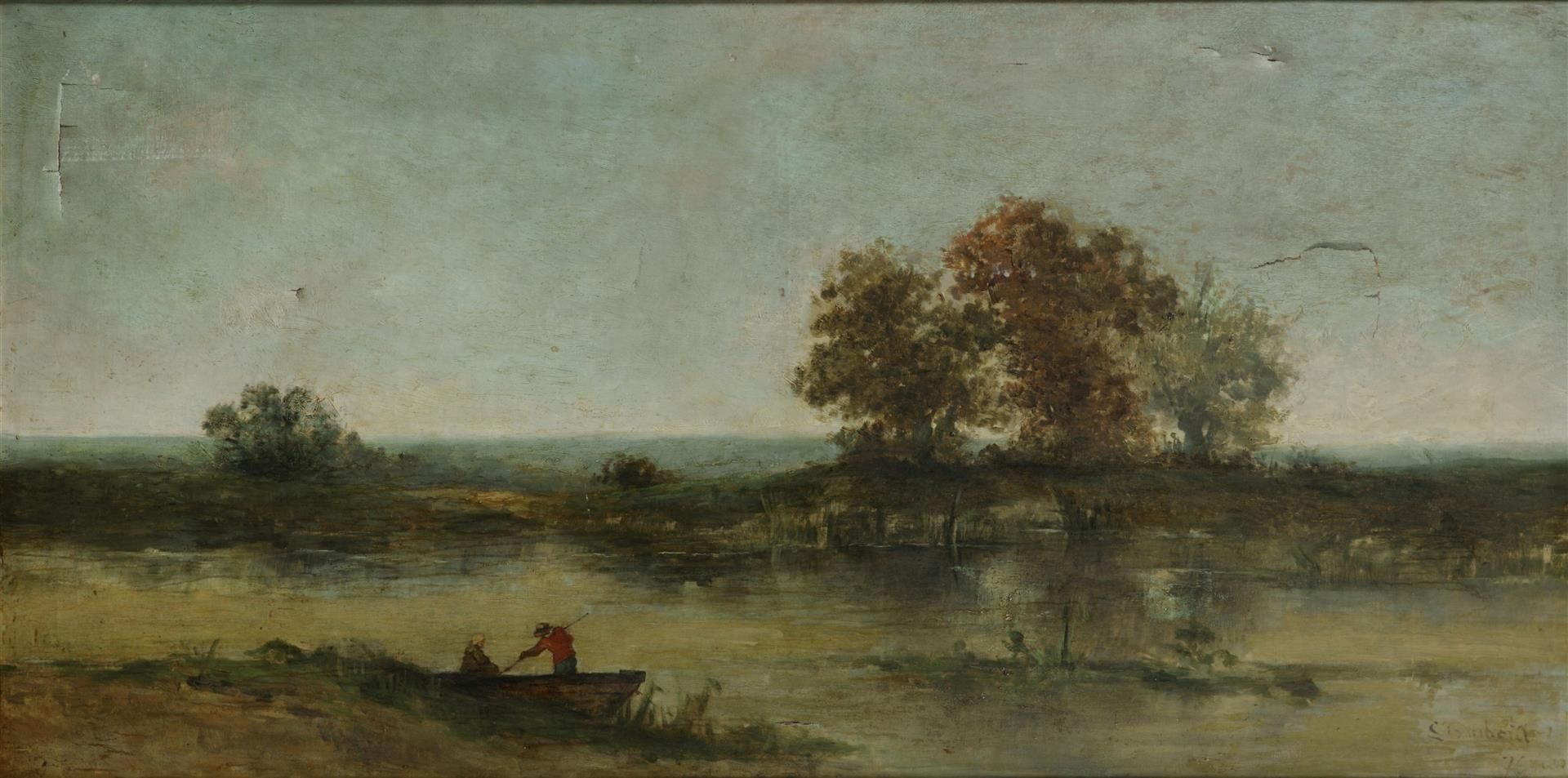 School of Barbizon, 19th century. A fisherman at the water'