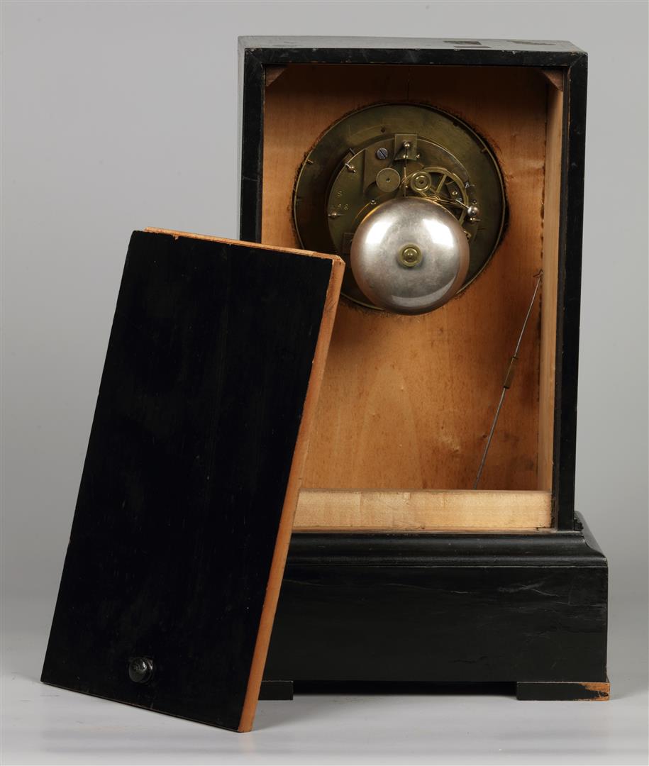 A mahogany veneered mantel clock with fruit wood inlay, ena - Image 2 of 2