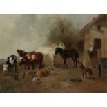Henri Schouten (1857-1927) A courtyard with horses, cows, p
