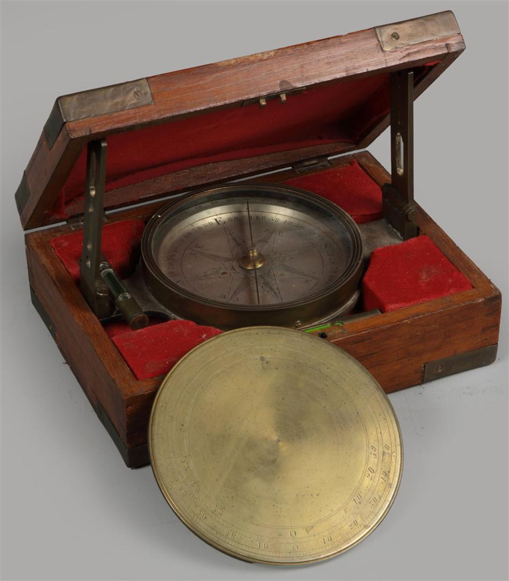 A brass compass in a wooden box. England, late 20th century