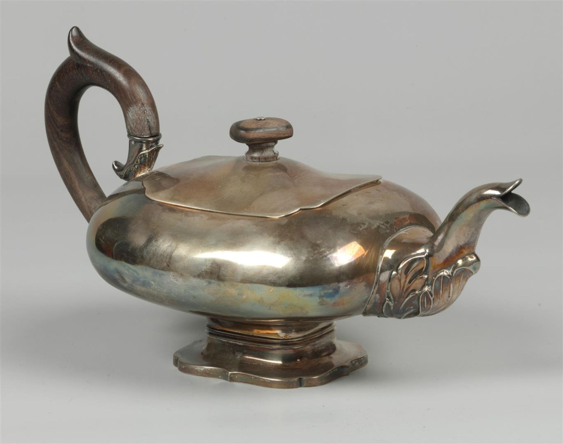 A silver teapot with wooden handle and knob, Bonebakker & S