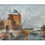 20e eeuw. Hollandse School Winterfun by a fortified toll b