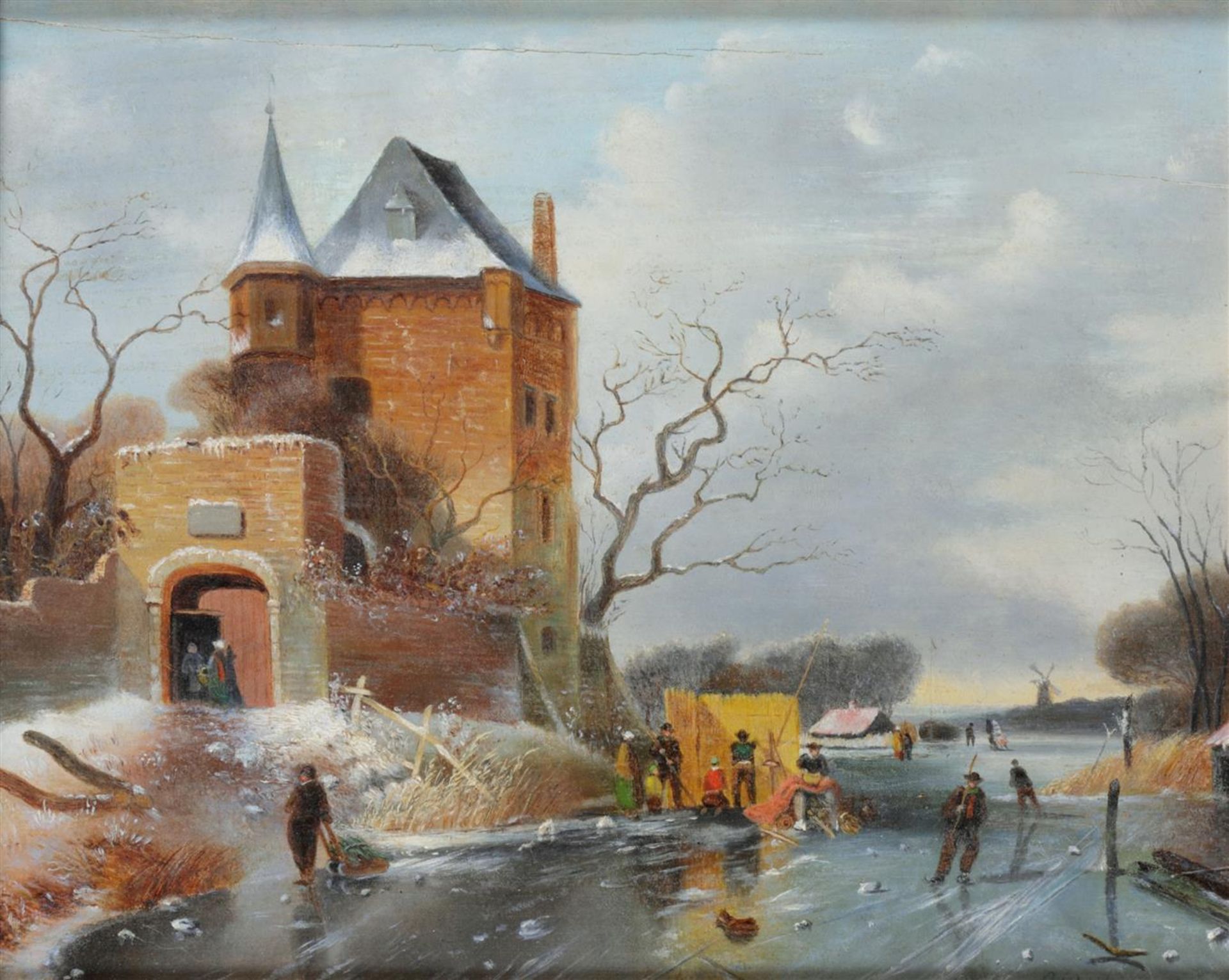 20e eeuw. Hollandse School Winterfun by a fortified toll b