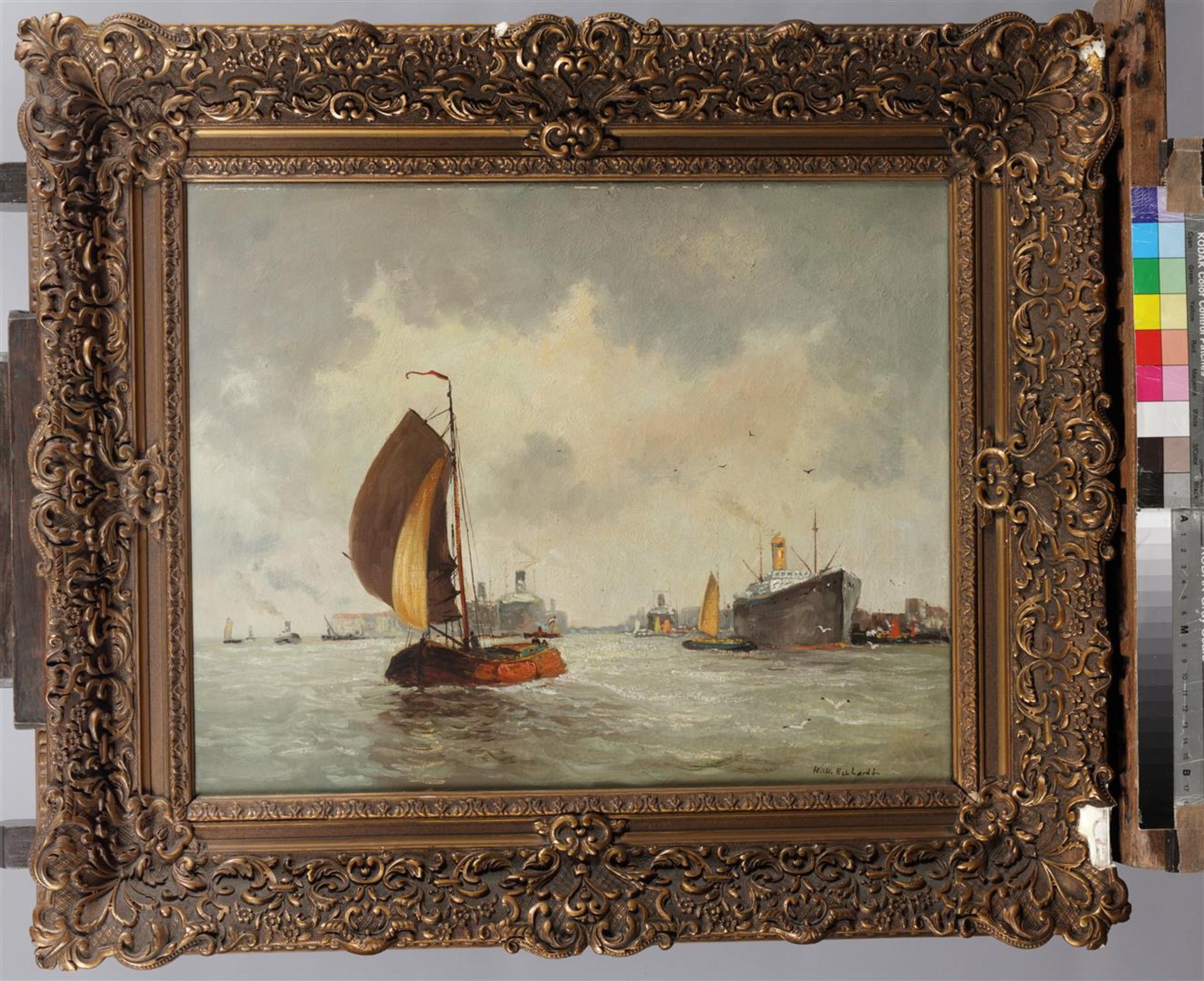 20e eeuw.  Hollandse School
View of the harbor, indistinctl - Bild 2 aus 4