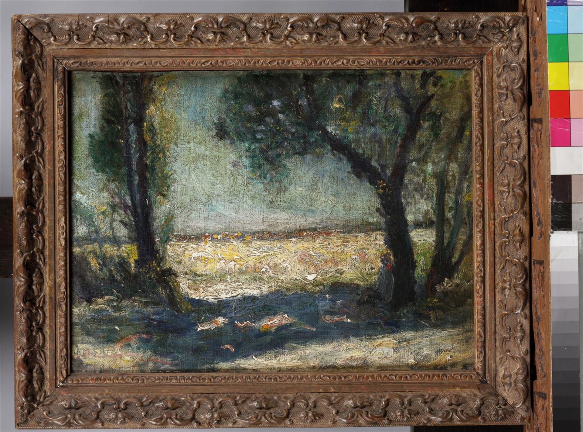 An impressionist marouflŽ of a figure in a landscape, indis - Bild 2 aus 4