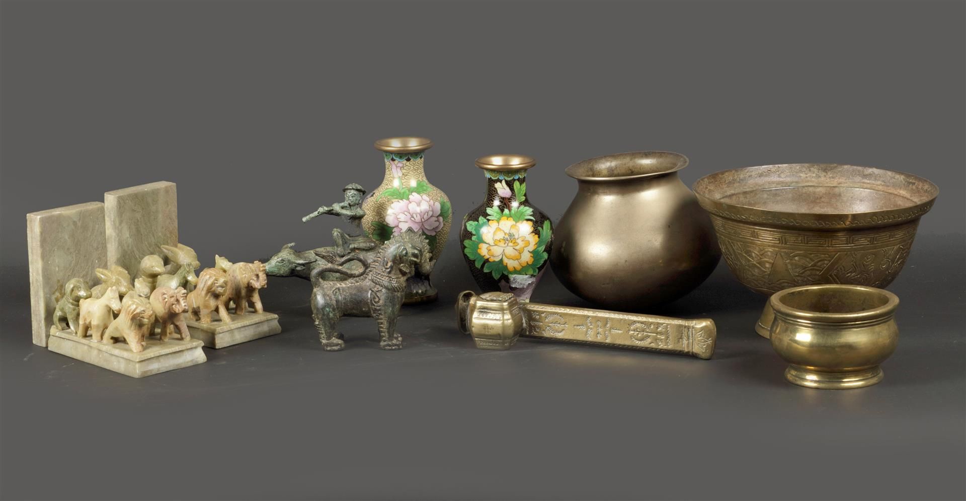 A lot of Various items including two cloisonne vases, a bro