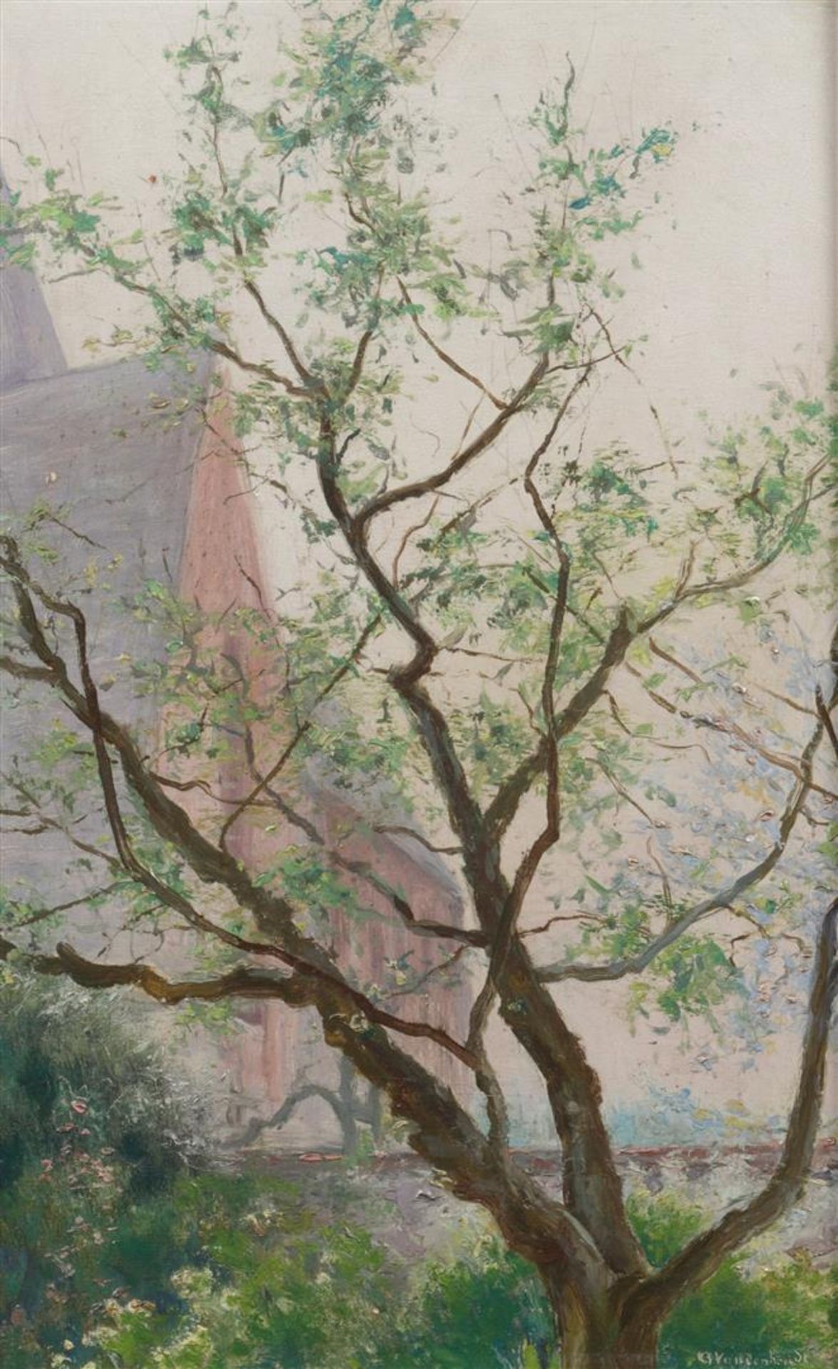 Belgian School, 20th century. A tree in front of a church b