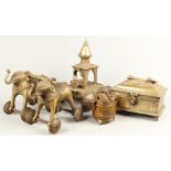 A bronze cart pulled by elephants, with (2) brass boxes. 2n