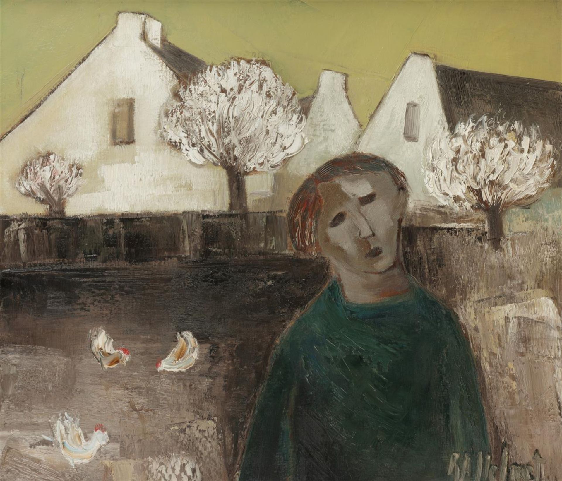 Belgian expressionist, 20th century. A farmer in his yard. 