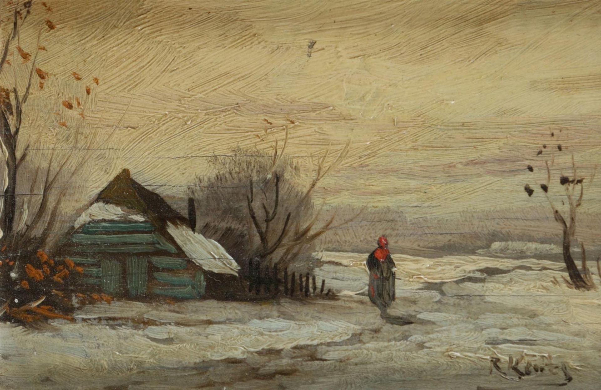 20e eeuw.  Hollandse School
Winter landscape with a hiker n