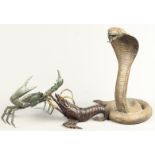 A lot consisting of a bronze Cobra, a crab and a lobster. 2