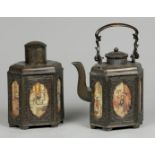 One lot consisting of a pewter tea caddy and teapot with tr