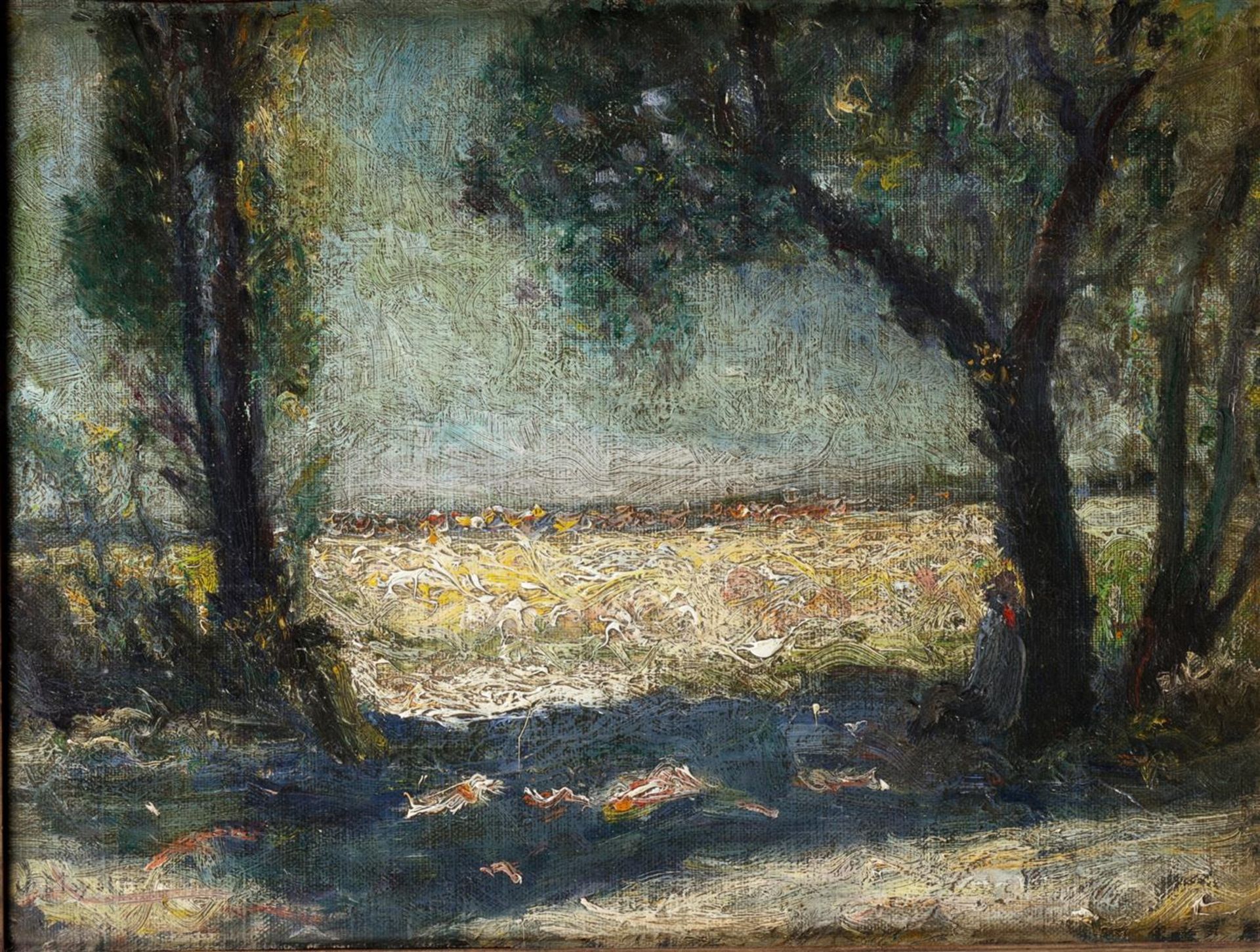An impressionist marouflŽ of a figure in a landscape, indis