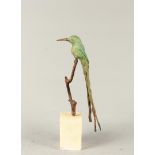 A patinated bronze of a long-tailed hummingbird sitting on