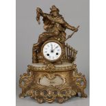 A zamac mantel clock with a hunting scene. France, late 19t