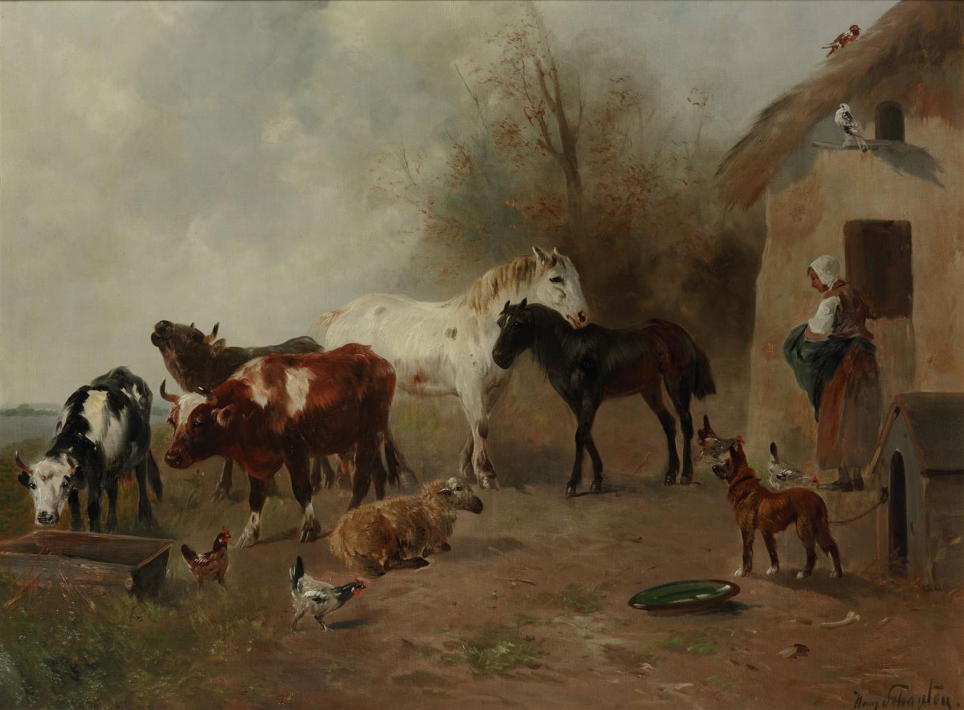 Henri Schouten (1857-1927)
A courtyard with horses, cows, p