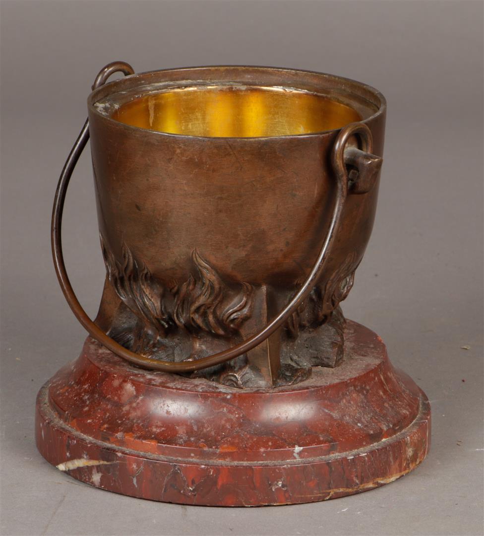Een bronzen kolenbakje in de vorm van een ketel op het vuur