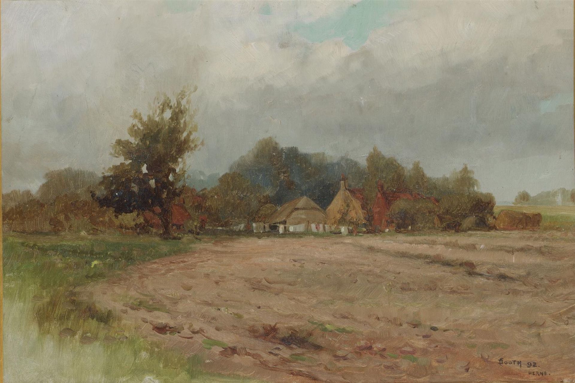 English School, 19th century. Cottages in a landscape. Sign