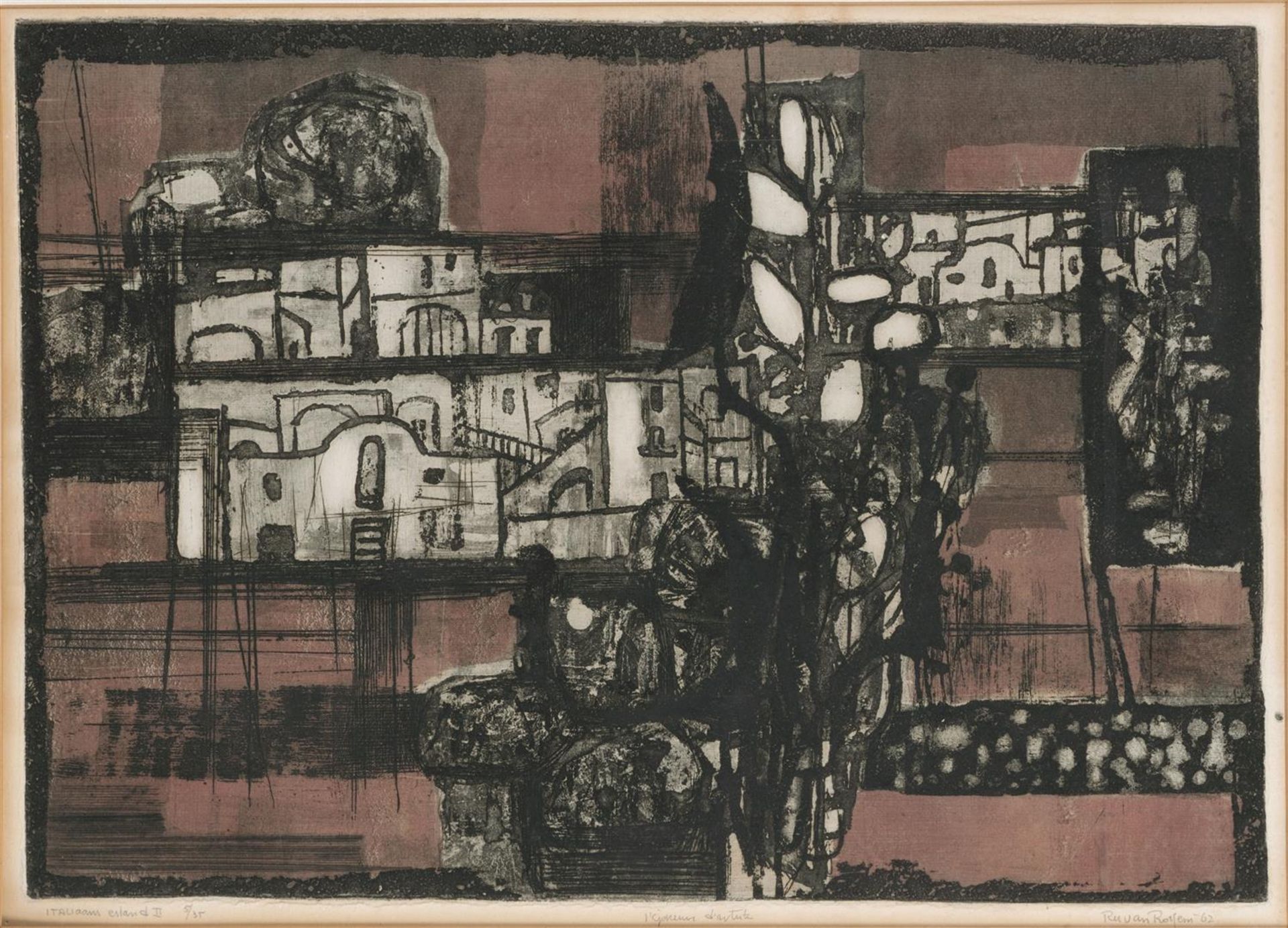 Ru vanRossum (Tilburg 1924 - 2007), Colored etching, Italia