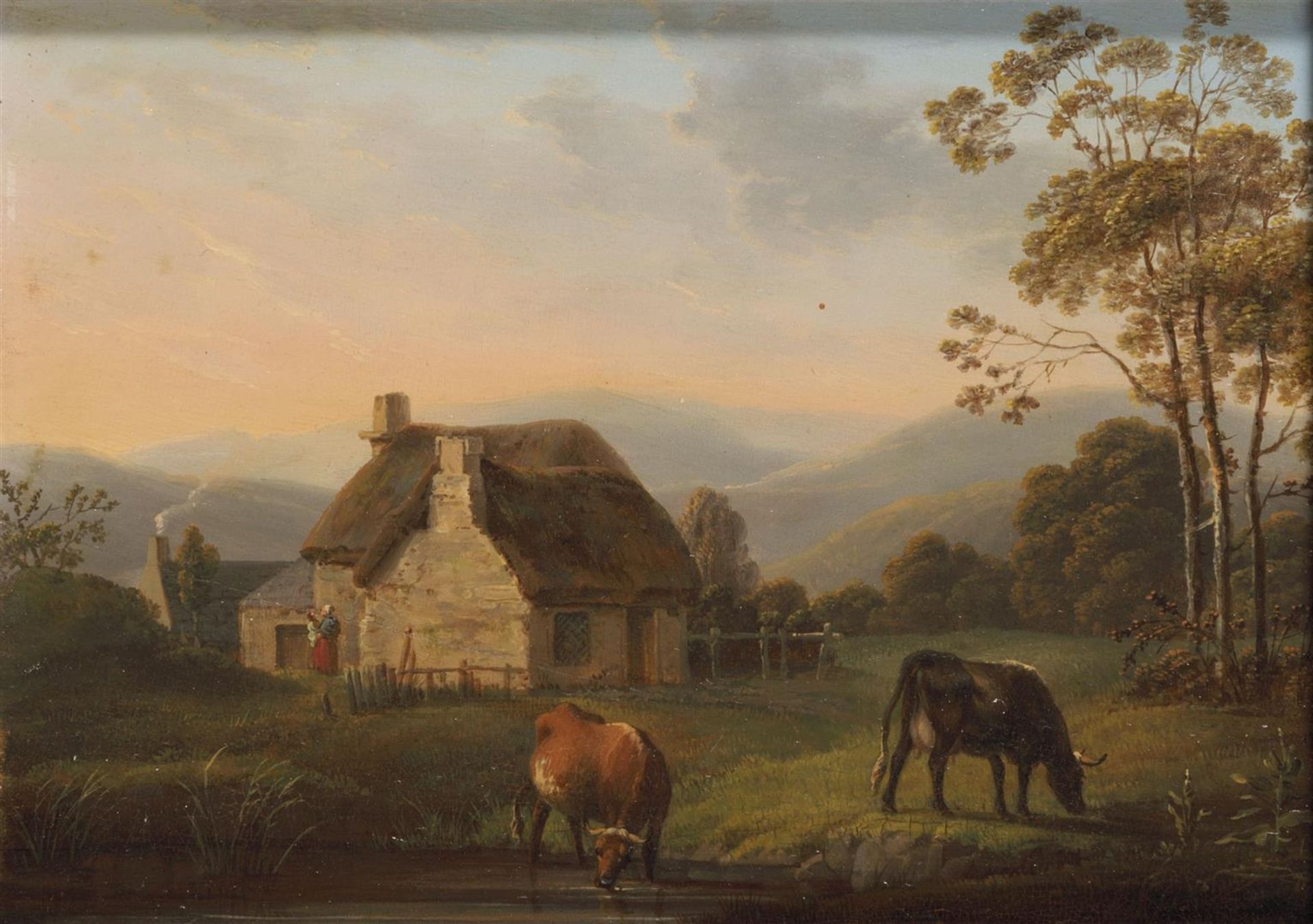 Anonymous, late 19th century. Farm with wading cows, oil on