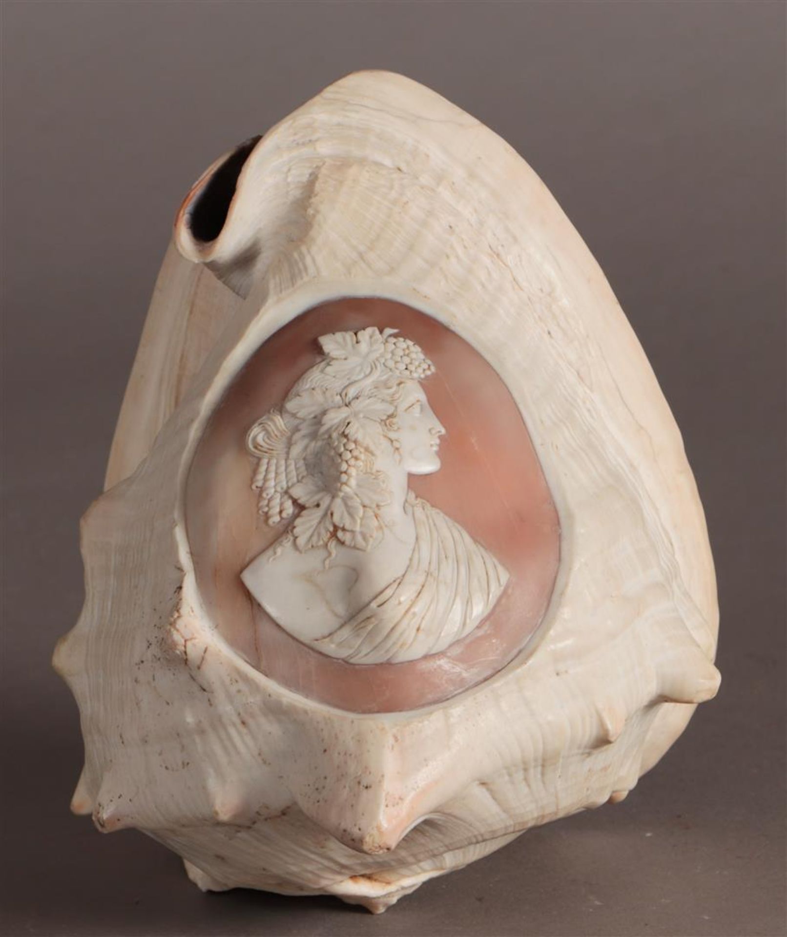 Een 19e-eeuwse zgn. Conch-, of Cameo-schelp met godin van d