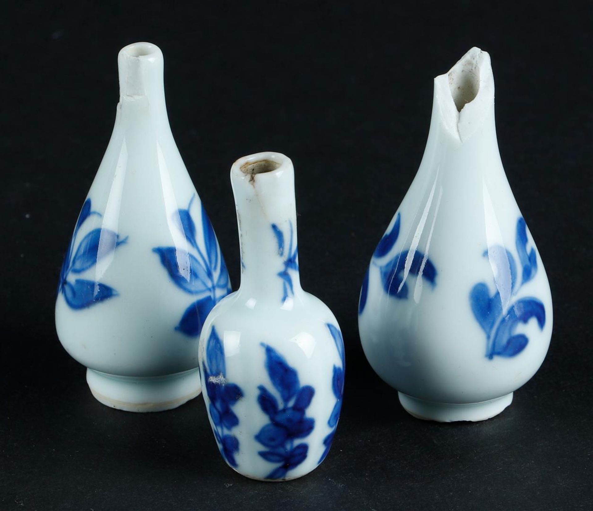 Three porcelain small model dollhouse vases with floral decor. China, Kangxi.