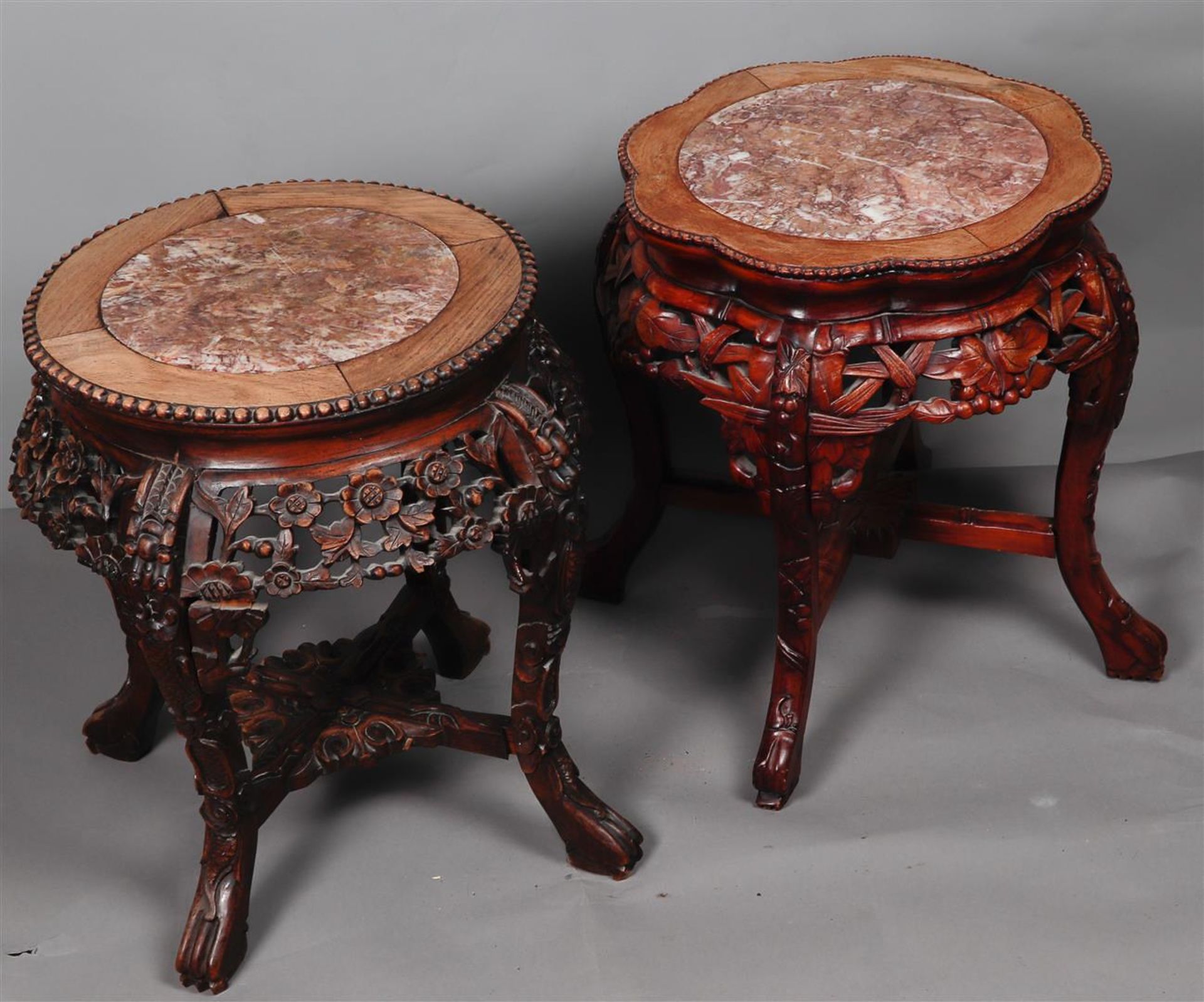 One lot of two Chinese hockers, both with pink marble top.