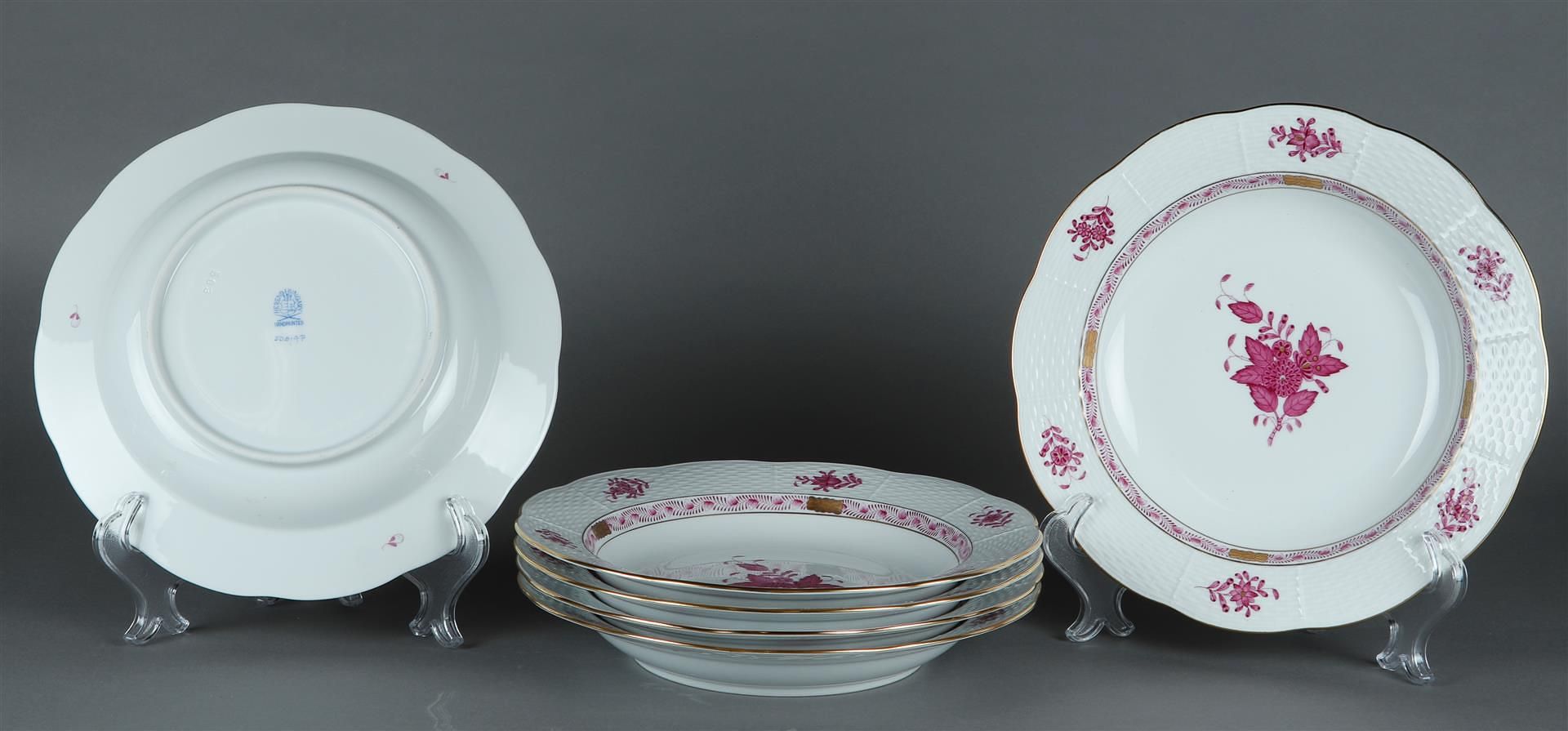 A set of 6 porcelain soup plates with Apponyi purple decor. Herend, Hungary.