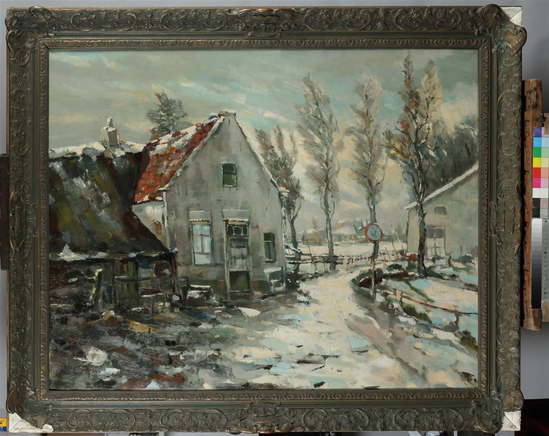 A village street in winter, signed (lower left), oil on canvas. - Image 2 of 4