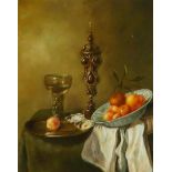 Dutch School, Still life with rummer, a silver goblet, a wanli dish on a table, oil on panel.