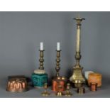 A lot of various copperware including candlesticks, a baking pan and two boxes.