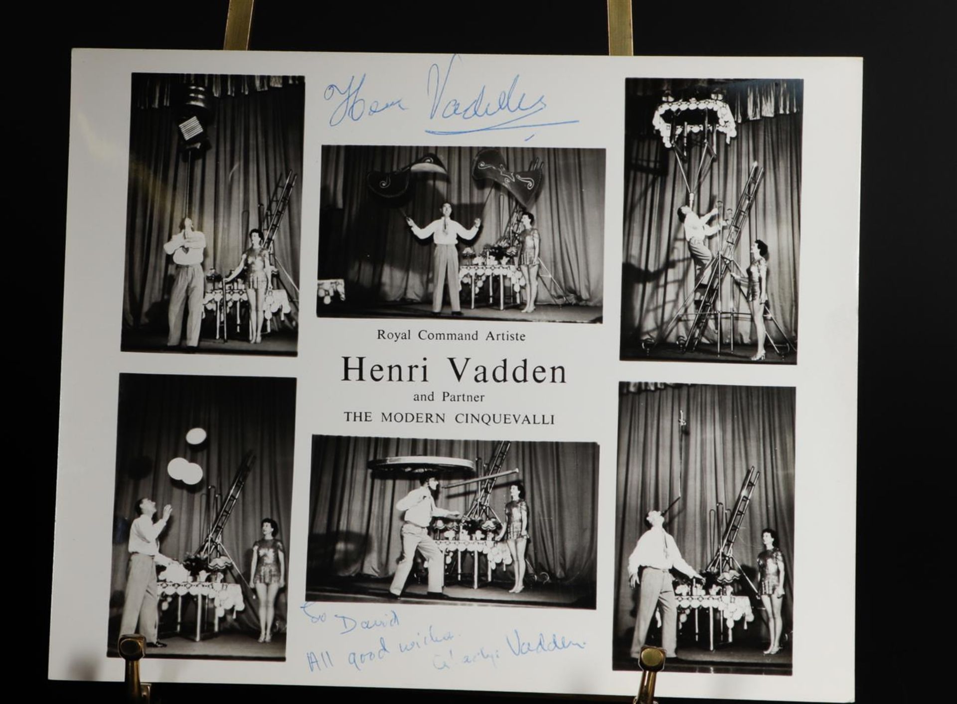 Promotion card featuring vaudeville artist and juggler Henri Vadden. With 'Best Wishes' to David Bro