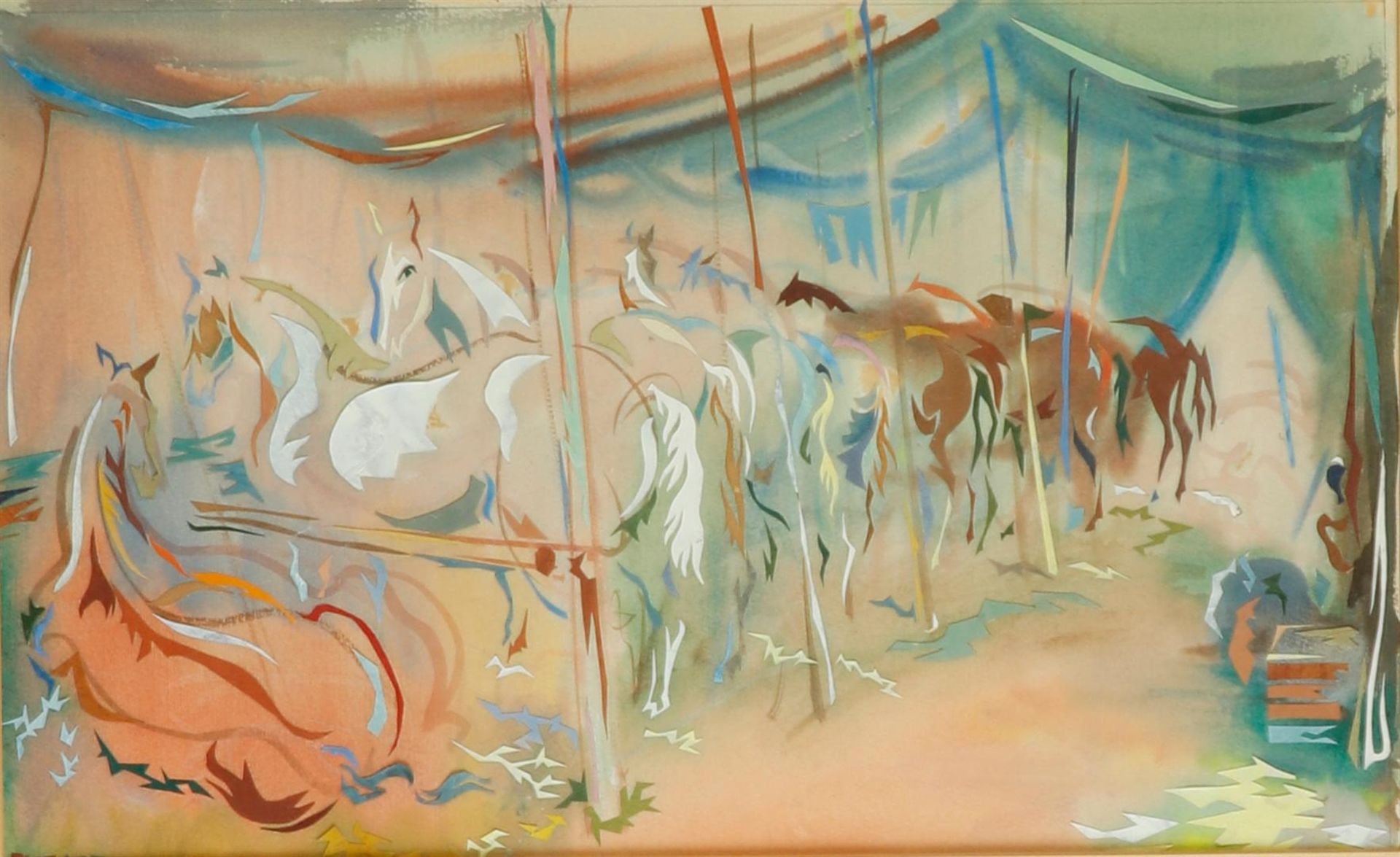 Unknown, 20th century, Circus horses in a stable, signed indistinctly (lower left), watercolor and c