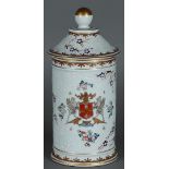 A large, partly gilded porcelain canister depicting griffins holding up a coat of arms, marked "Sams