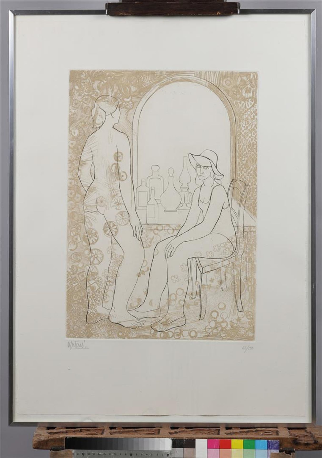 Two women in a boudoir, signed unclearly, and numbered "63/150" (in pencil), etching in two colors. - Image 2 of 4