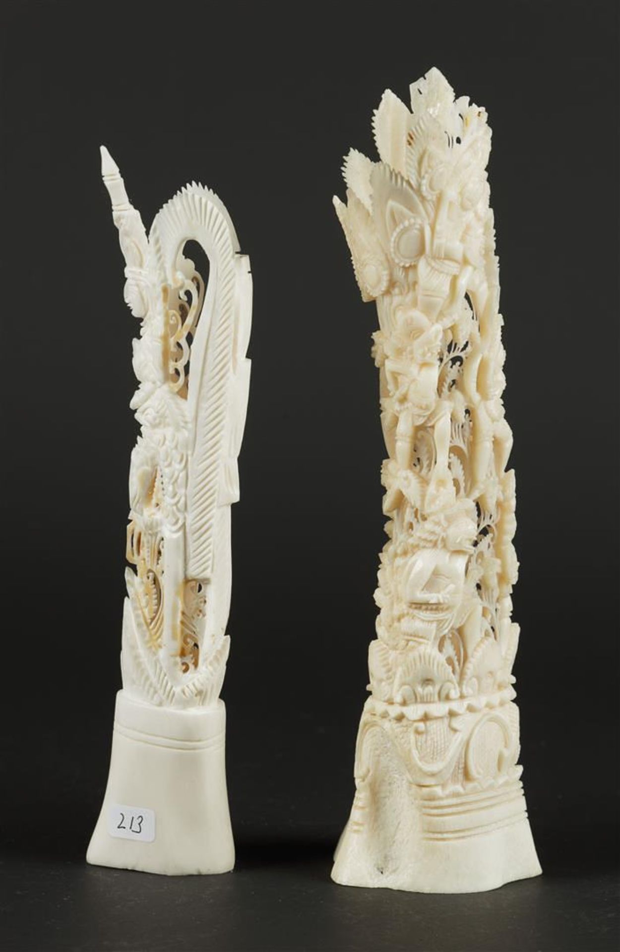 Two bone carvings, one with a Buddha, the other with various figures. India early 20th century H.24  - Image 3 of 6