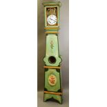 A French Comtoise clock with brass decoration in the crest. Set in a green lacquered case, decorated