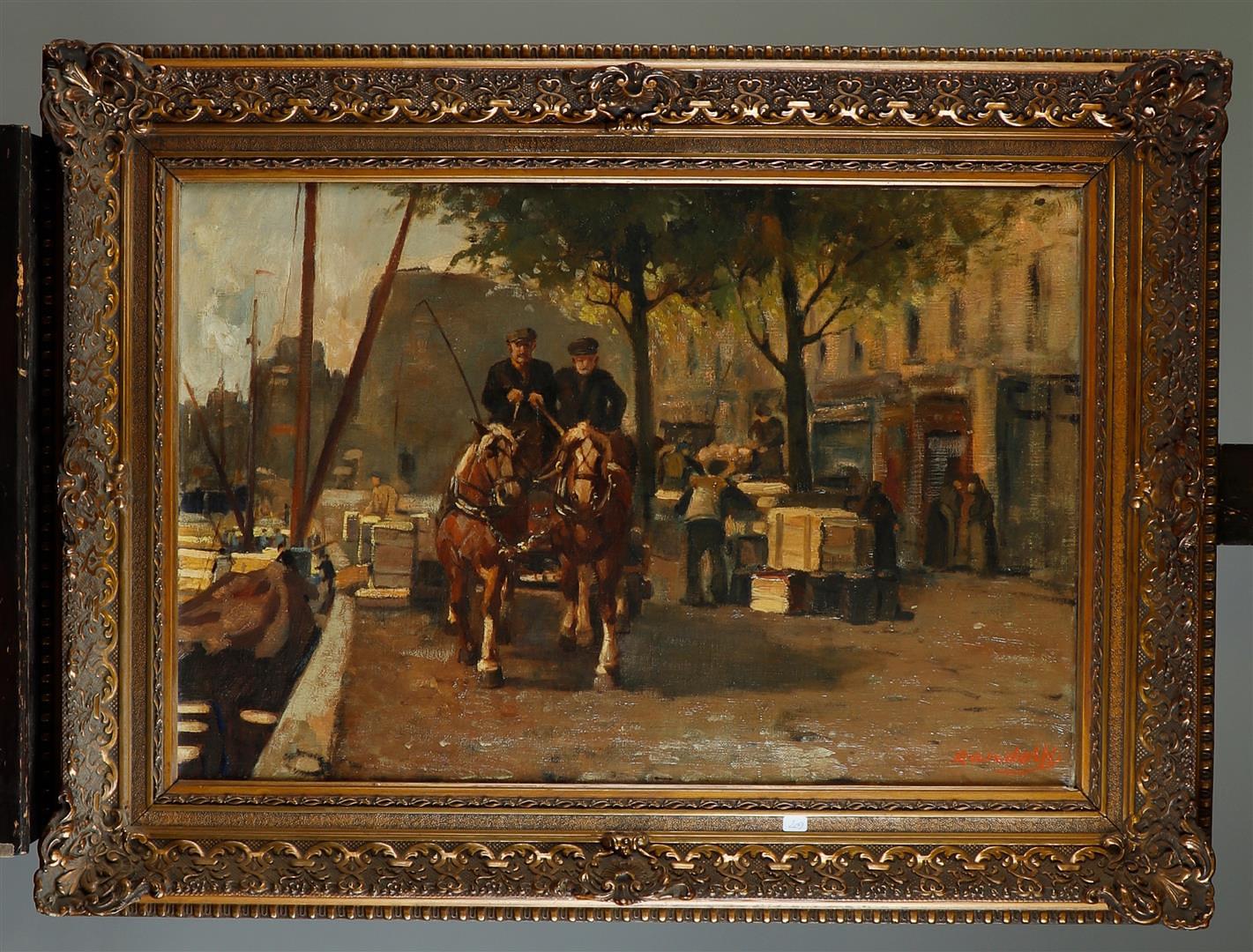 Dutch School, ca. 1930. Feeders on horse and carriage at the Rotterdam quay, signed "Randolff" (lowe - Image 2 of 4