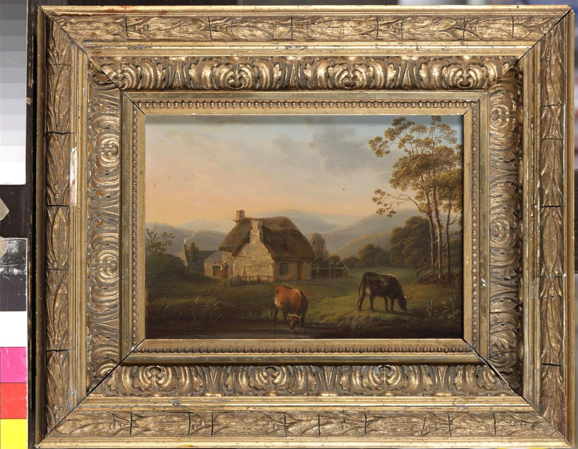 Anonymous, late 19th century. Farm with wading cows, oil on panel. - Image 2 of 3