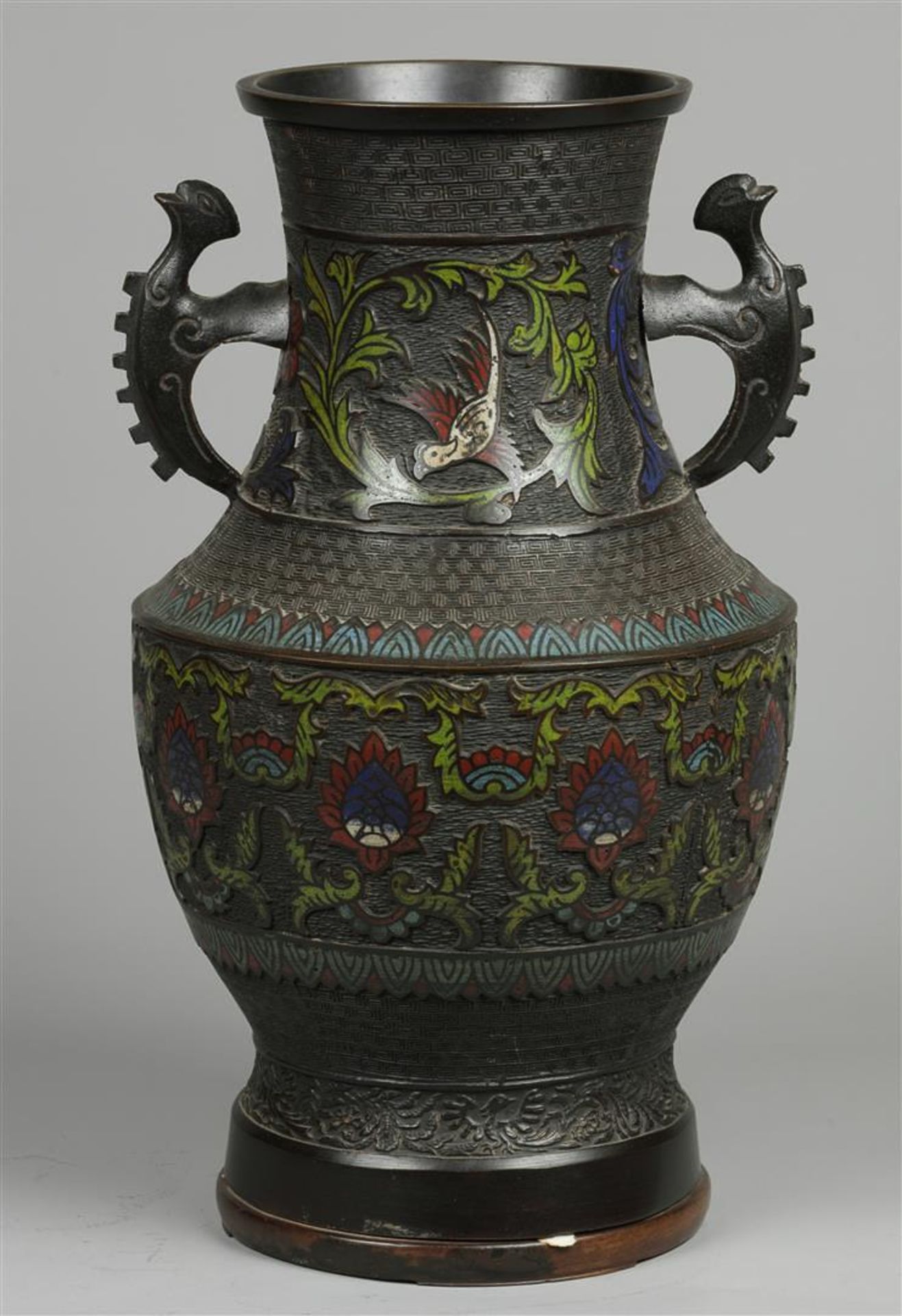 A cloisonné vase decorated with birds and plants. Japan, late 19th century.